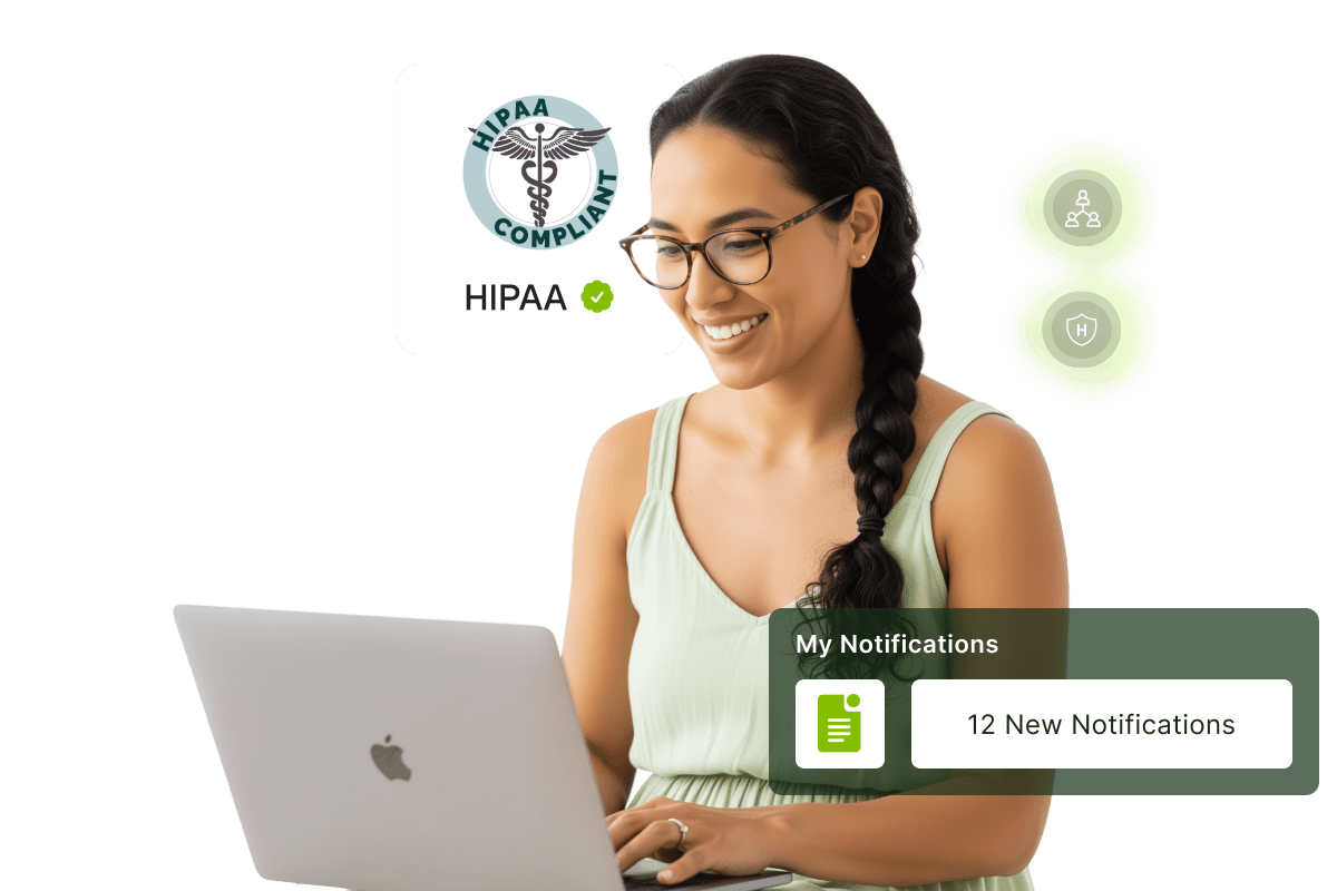 A woman with glasses uses a laptop, surrounded by HIPAA compliance and notification icons showing 12 new alerts.