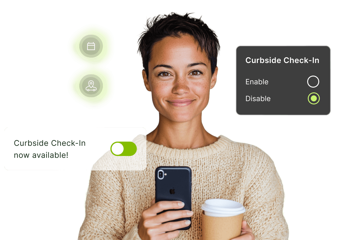 Smiling person holding a phone and coffee, with digital interface elements for curbside check-in and settings on a transparent background.