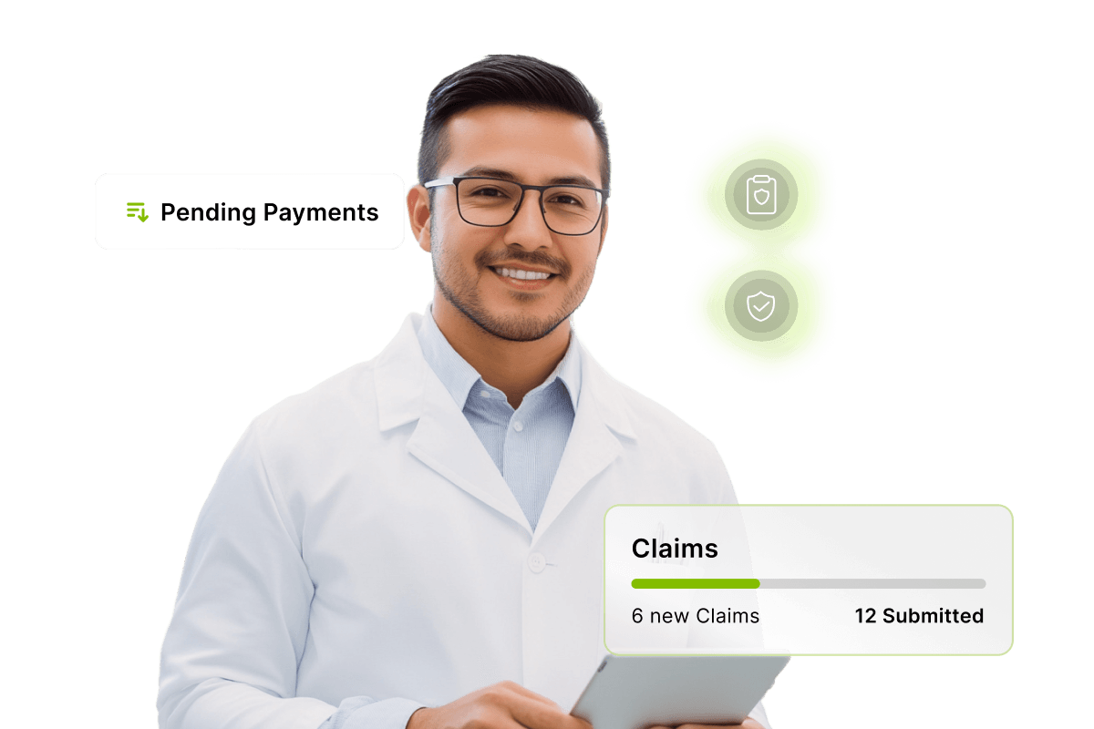 Smiling dentist in a lab coat holding a tablet. Icons show "Pending Payments" and "Claims" with progress bars and numbers.