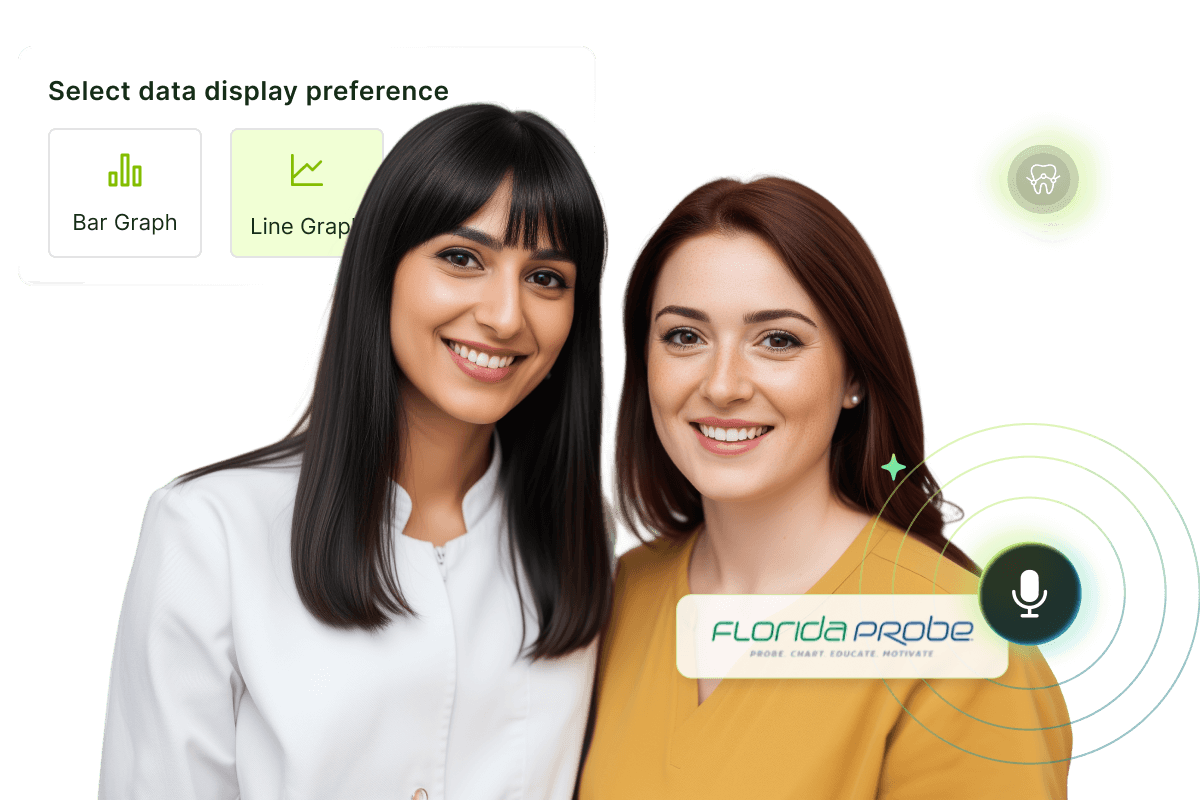 Two smiling women with a data display preference menu and Florida Probe logo, featuring options for bar and line graphs, and a microphone icon.
