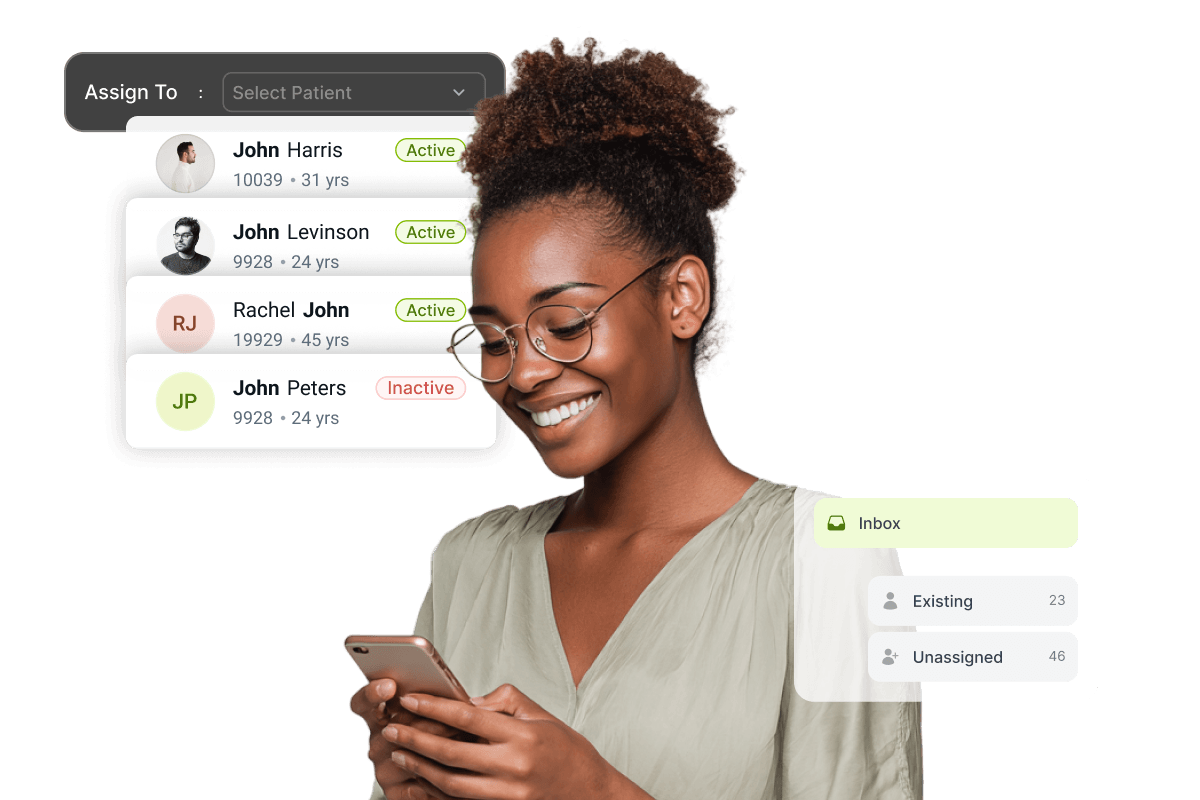 Smiling woman using a smartphone with a digital interface showing patient selection and inbox notifications.