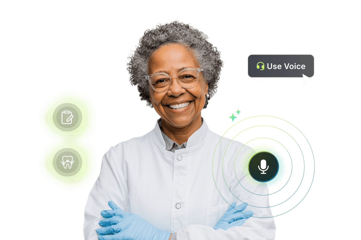 Smiling woman in lab coat with icons around her for voice command, document, and dental tools.