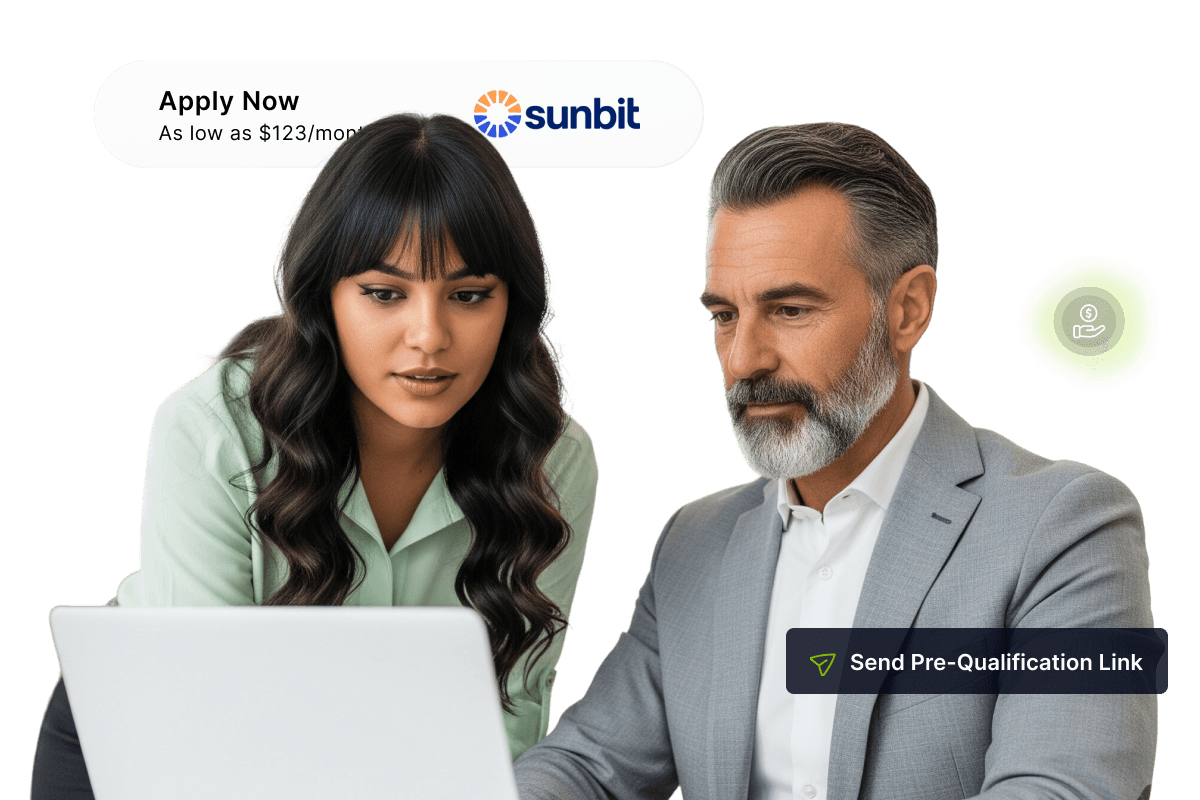 Two people looking at a laptop screen. Text bubbles say "Apply Now" with Sunbit logo and "Send Pre-Qualification Link."