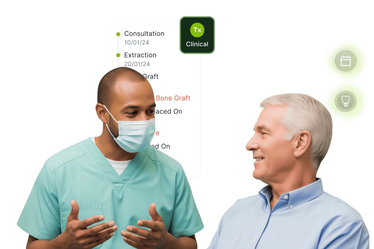 A dental professional in scrubs discusses with an older man. Background shows dental procedure icons and a consultation schedule.
