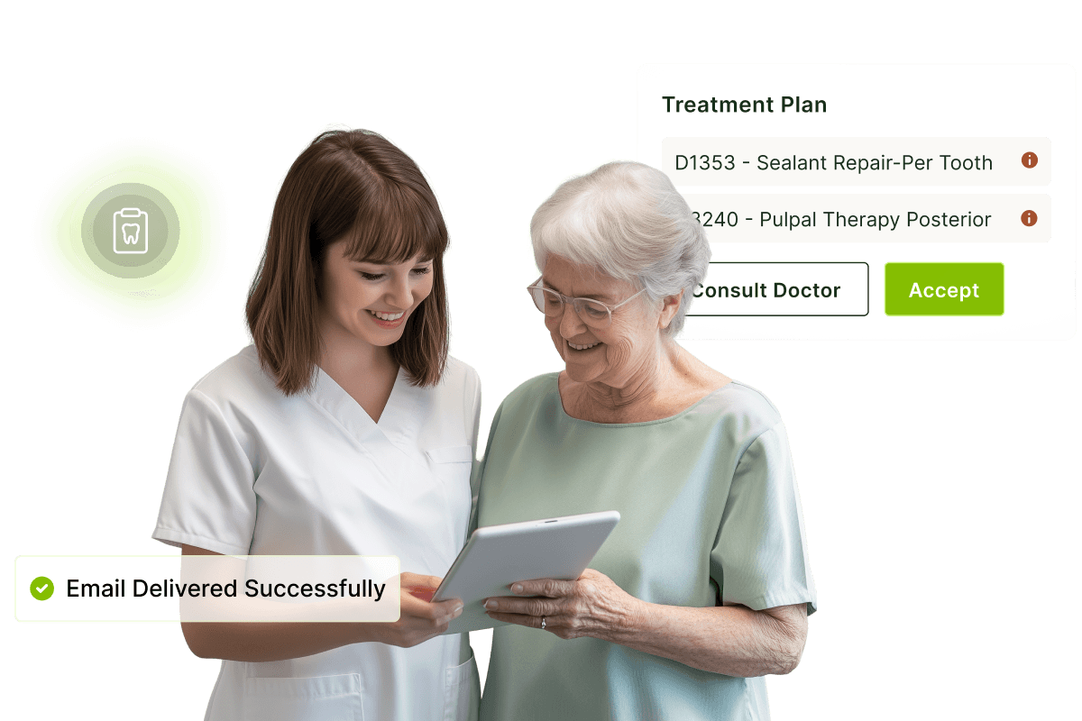 A dental professional shows an elderly woman a tablet. Treatment options and email confirmation are displayed.