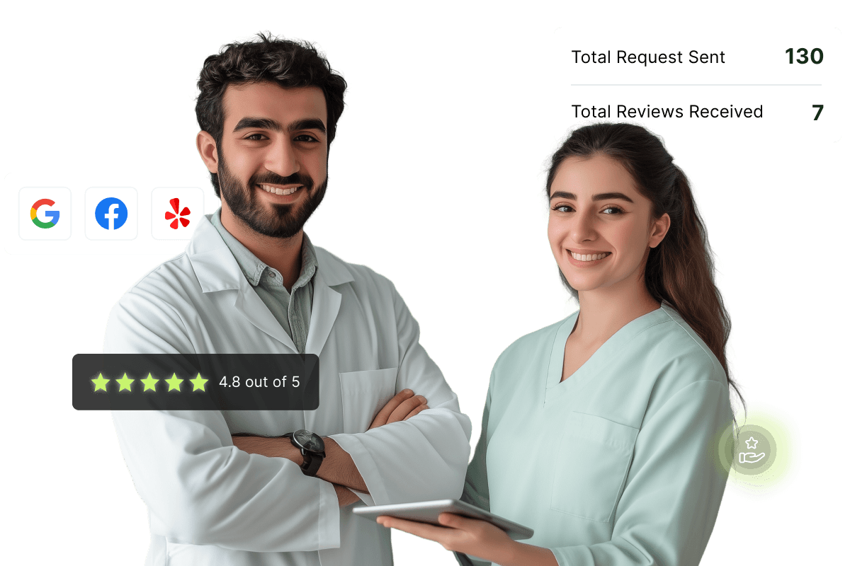 Two smiling healthcare professionals in white coats with review ratings and social media icons displayed.