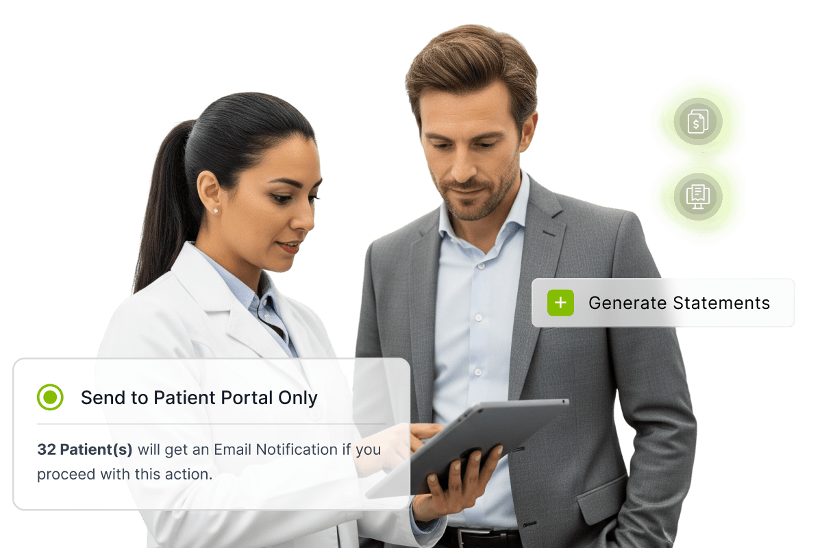 A dentist shows a tablet to a man. Overlay text includes "Send to Patient Portal Only" and "Generate Statements" with notification icons.