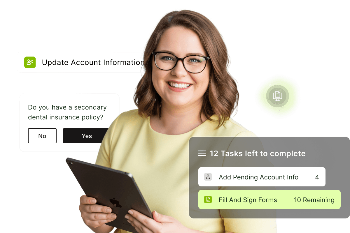 Smiling woman holding a tablet, surrounded by digital task notifications and a question about dental insurance policy.