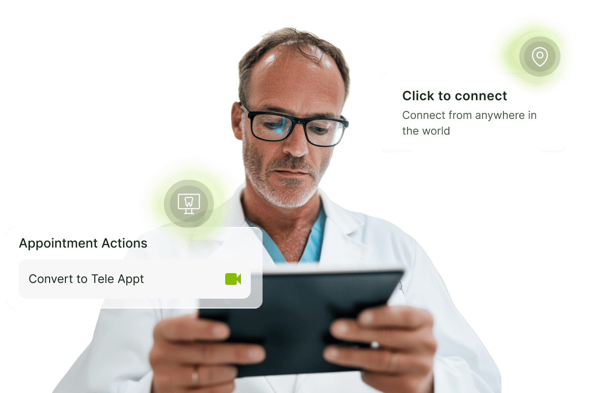 Dentist in a white coat uses a tablet. Text bubbles show options for "Convert to Tele App" and "Click to connect" with icons.