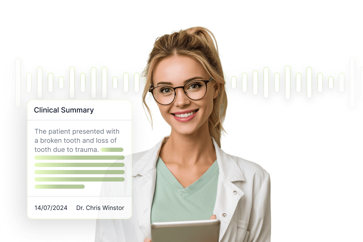 dentist holds a tablet. Clinical summary of dental trauma is displayed alongside audio waveform graphic.
