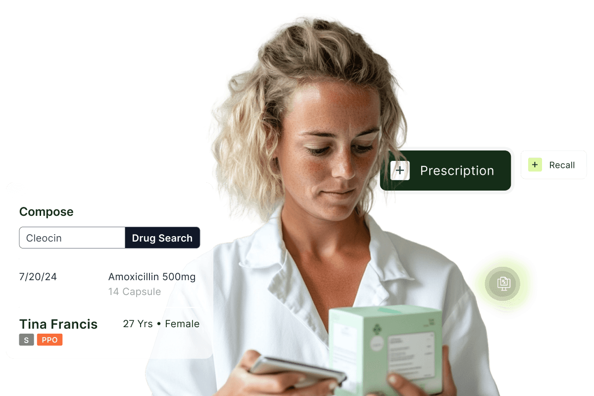 A pharmacist in a white coat holds a box and phone. Overlay shows prescription details: Cleocin, Amoxicillin 500mg, 14 capsules for Tina Francis.