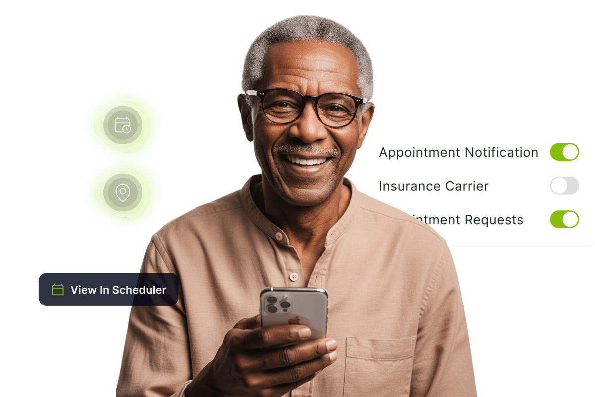 Elderly man smiling while holding a smartphone, with icons for appointments and notifications in the background.
