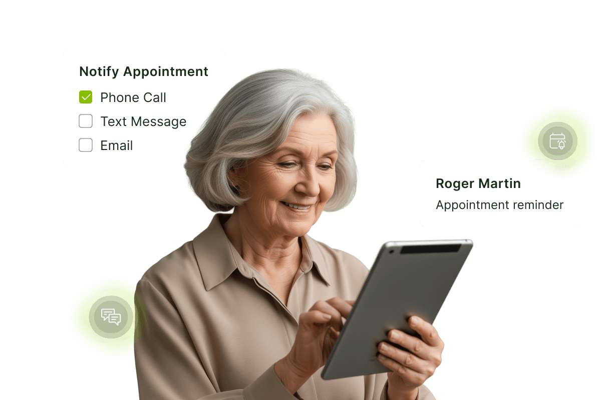 Elderly woman using a tablet with appointment notifications for phone call, text, and email options displayed.