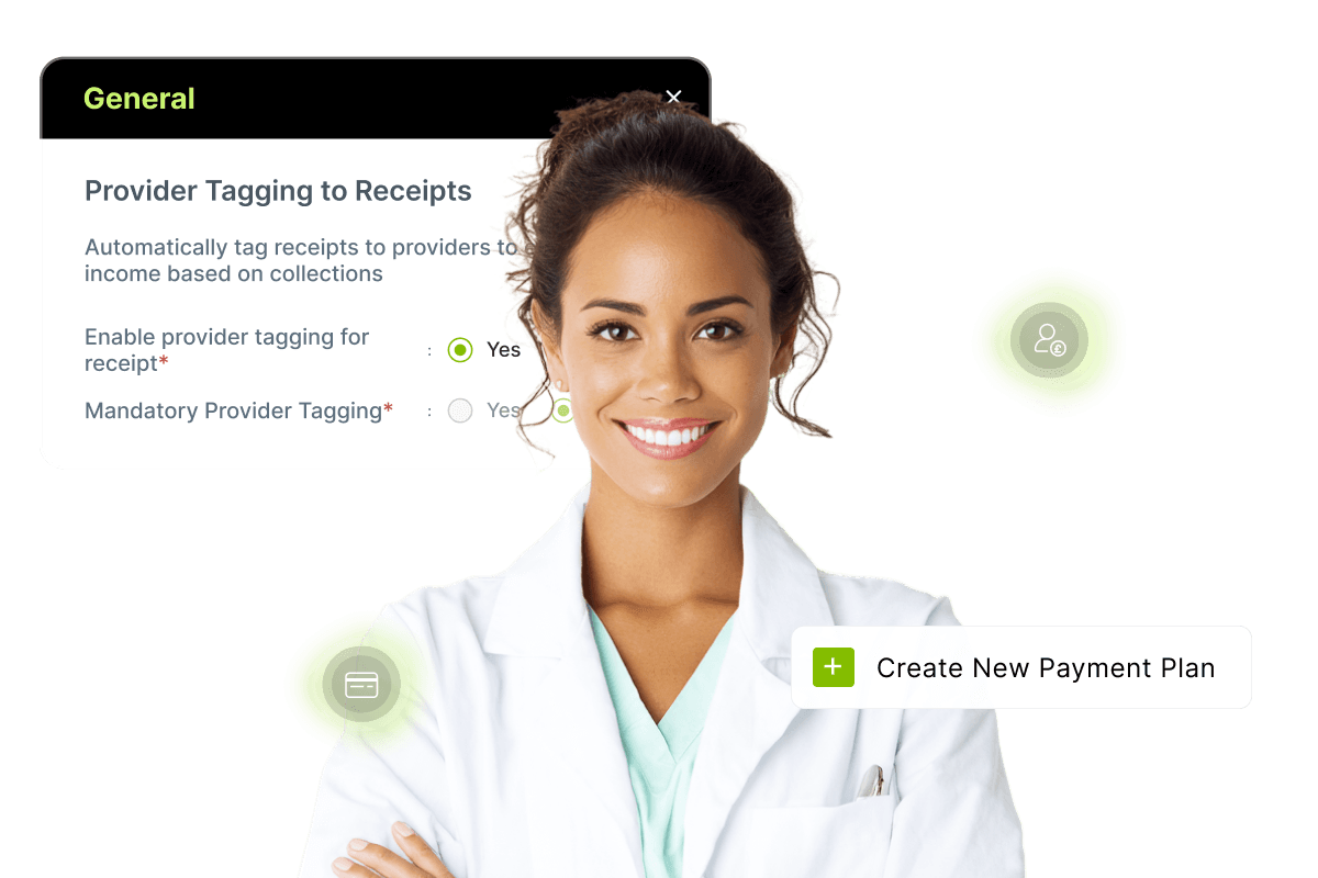 Smiling woman in a white coat with a digital interface for provider tagging and a button labeled "Create New Payment Plan."