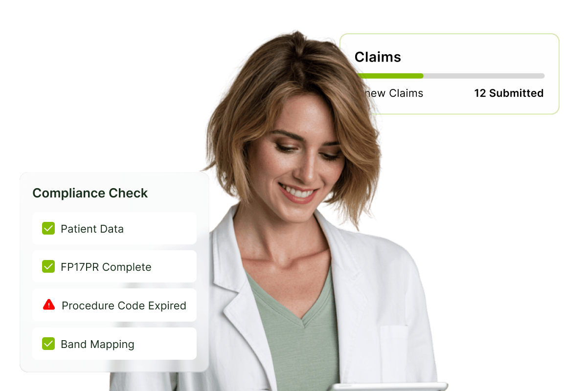 Smiling woman in a lab coat checking a tablet, with compliance check and claims submission status displayed.