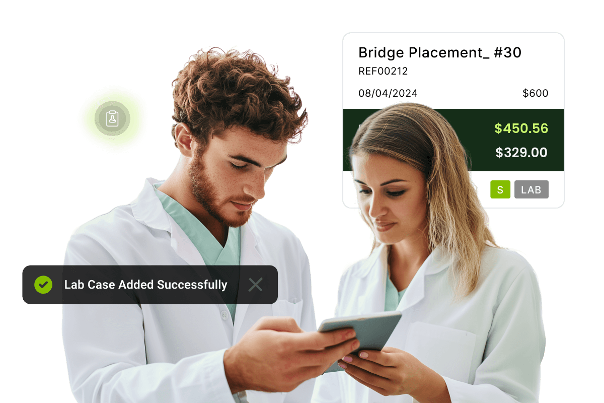 Two lab technicians in white coats review a tablet. A notification reads, "Lab Case Added Successfully." Pricing details are displayed.