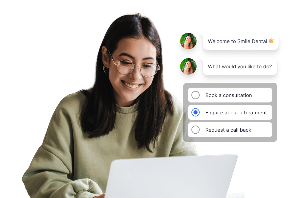 Smiling woman on laptop interacting with Smile Dental chatbot, exploring options: book a consultation, enquire about a treatment, or request a callback.