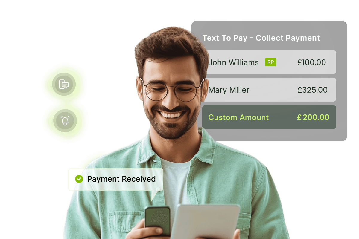 Smiling man holding smartphone and tablet with a payment interface showing successful transactions and a "Payment Received" notification.
