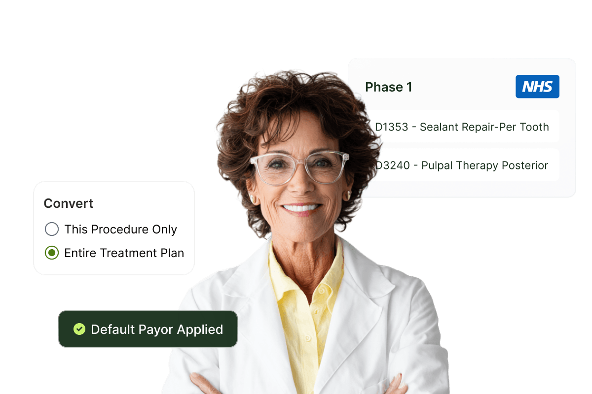 Smiling woman in a lab coat with treatment plan options and NHS phase shown, highlighting "Entire Treatment Plan" and "Default Payor Applied."