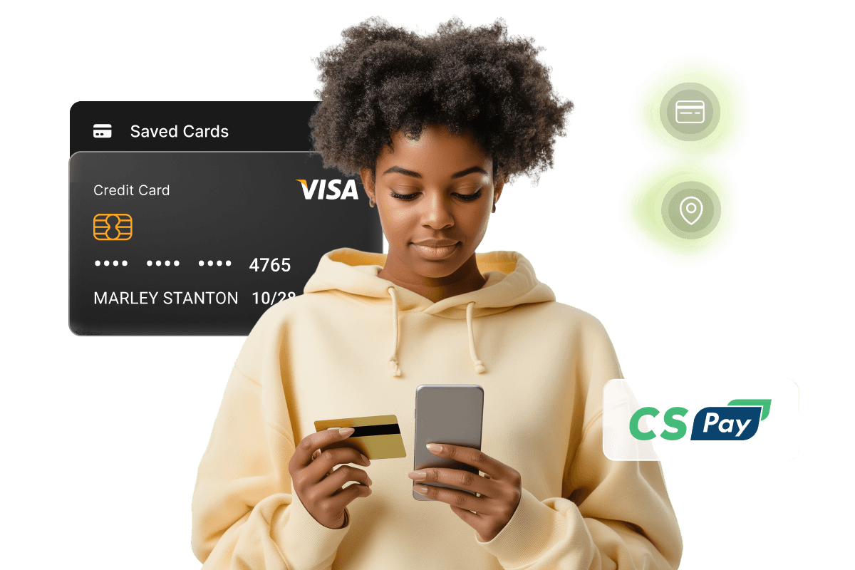 Woman in a yellow hoodie holds a credit card and phone. Nearby are digital icons, a credit card, and the CS Pay logo.