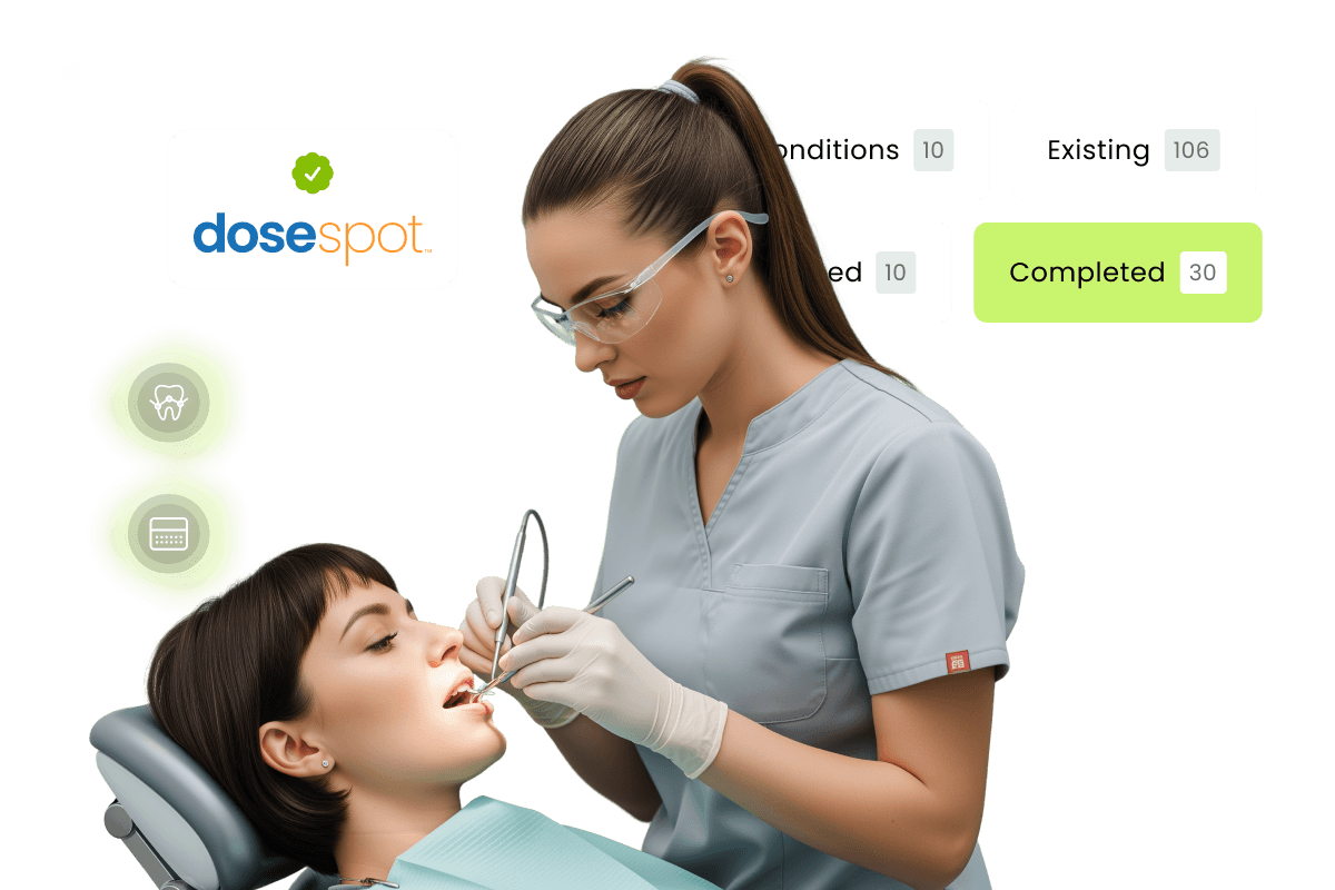 Dentist examining a patient's teeth, surrounded by digital icons and text related to dental conditions and treatment progress.
