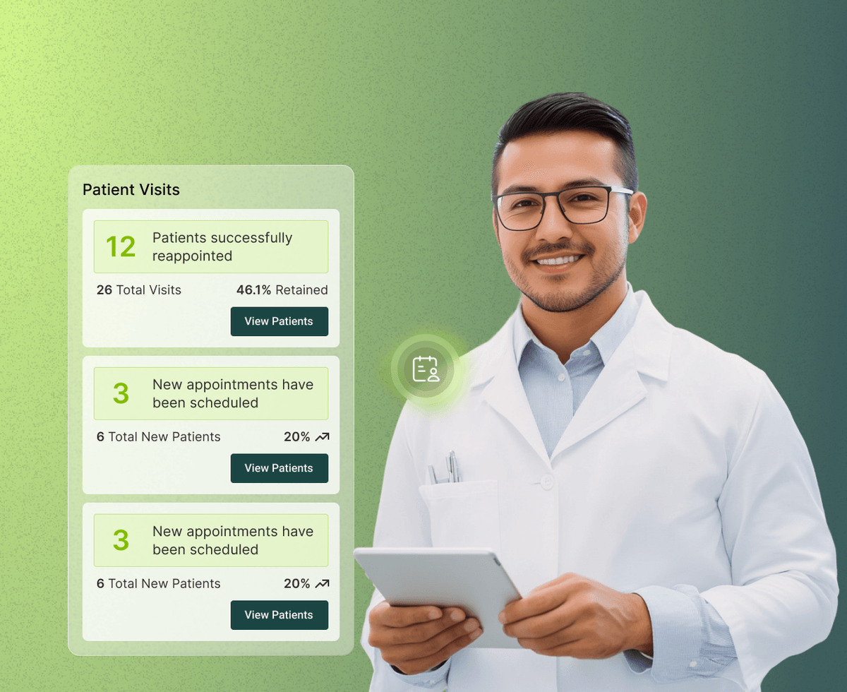 Smiling dentist with a tablet, standing next to a digital display showing patient visit statistics and appointment schedules.