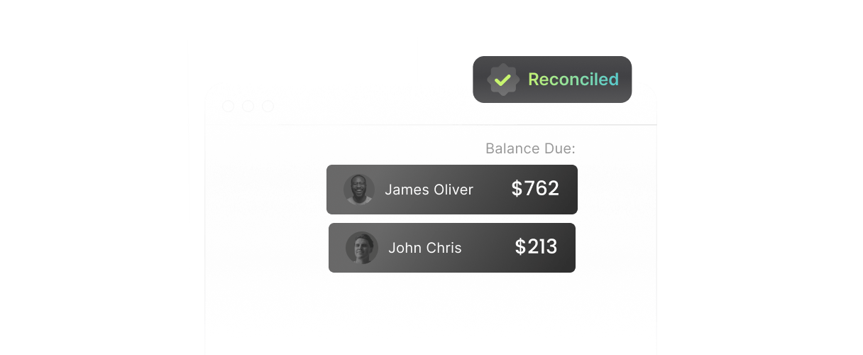 A digital interface showing a reconciled status. James Oliver owes $762, and John Chris owes $213.