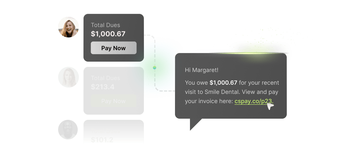 A digital interface showing payment notifications, including a $1,000.67 dental bill with a link to pay online.