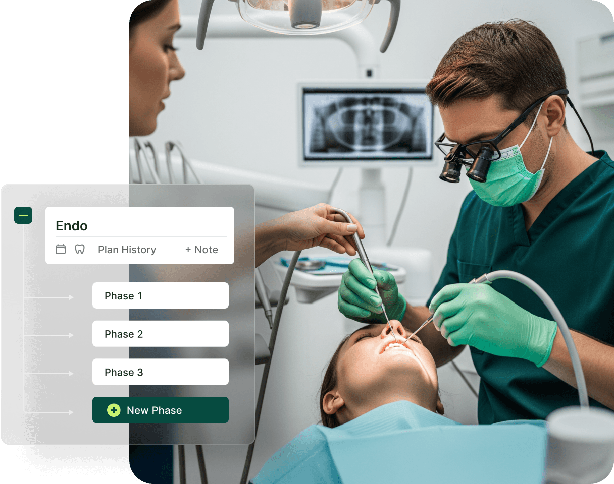 Dentist in green scrubs performing a procedure on a patient, with dental tools and an X-ray in the background. A digital chart is shown.