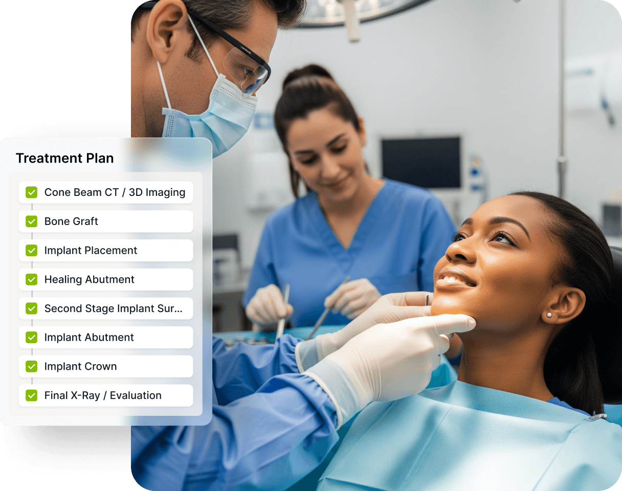 Dentist discusses implant treatment plan with a smiling patient. List includes CT imaging, bone graft, implant placement, and final evaluation.