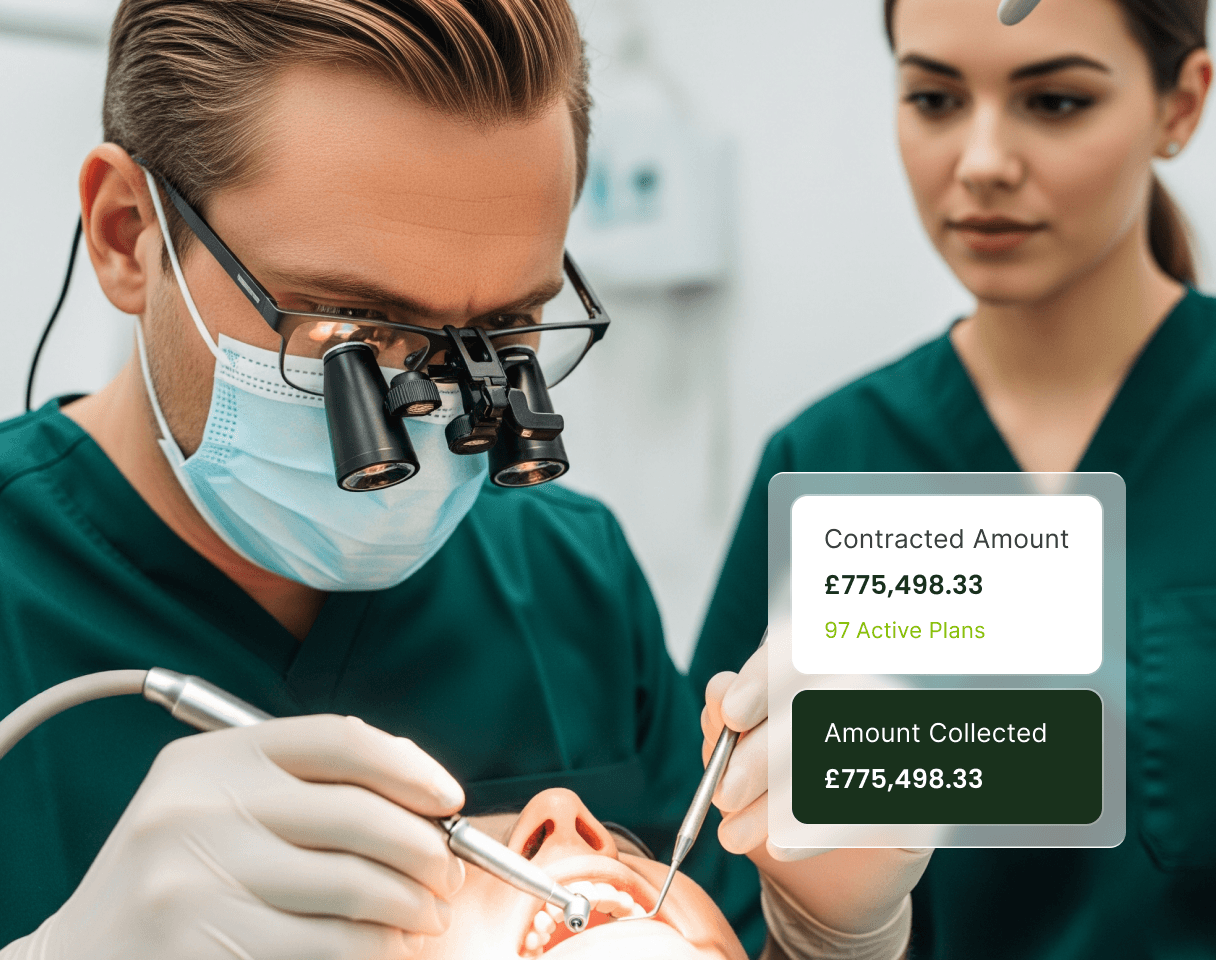 Dentist performing a procedure with assistant nearby, both wearing green scrubs. Overlay shows financial details: contracted and collected amounts.