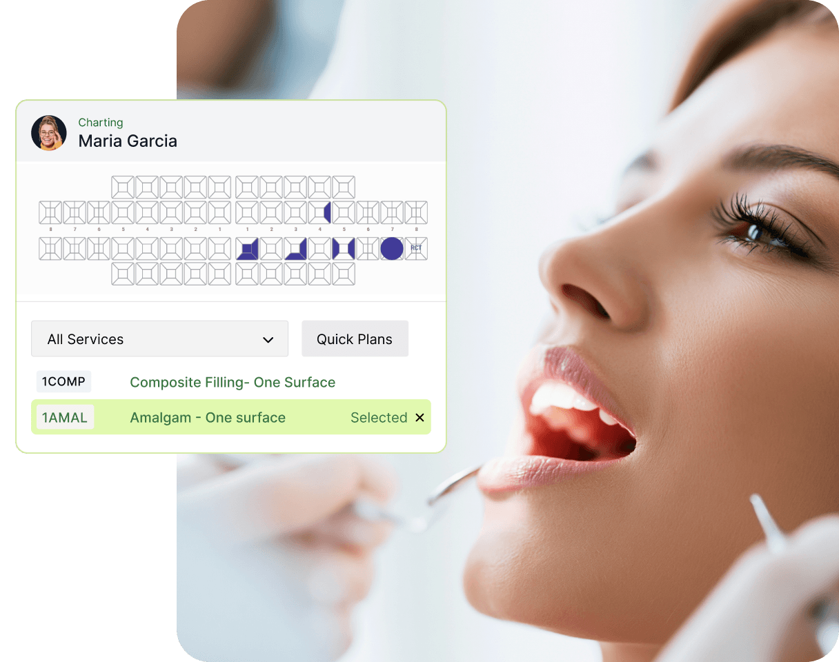 Close-up of a woman undergoing dental examination, with a dental chart interface showing treatment options on the side.
