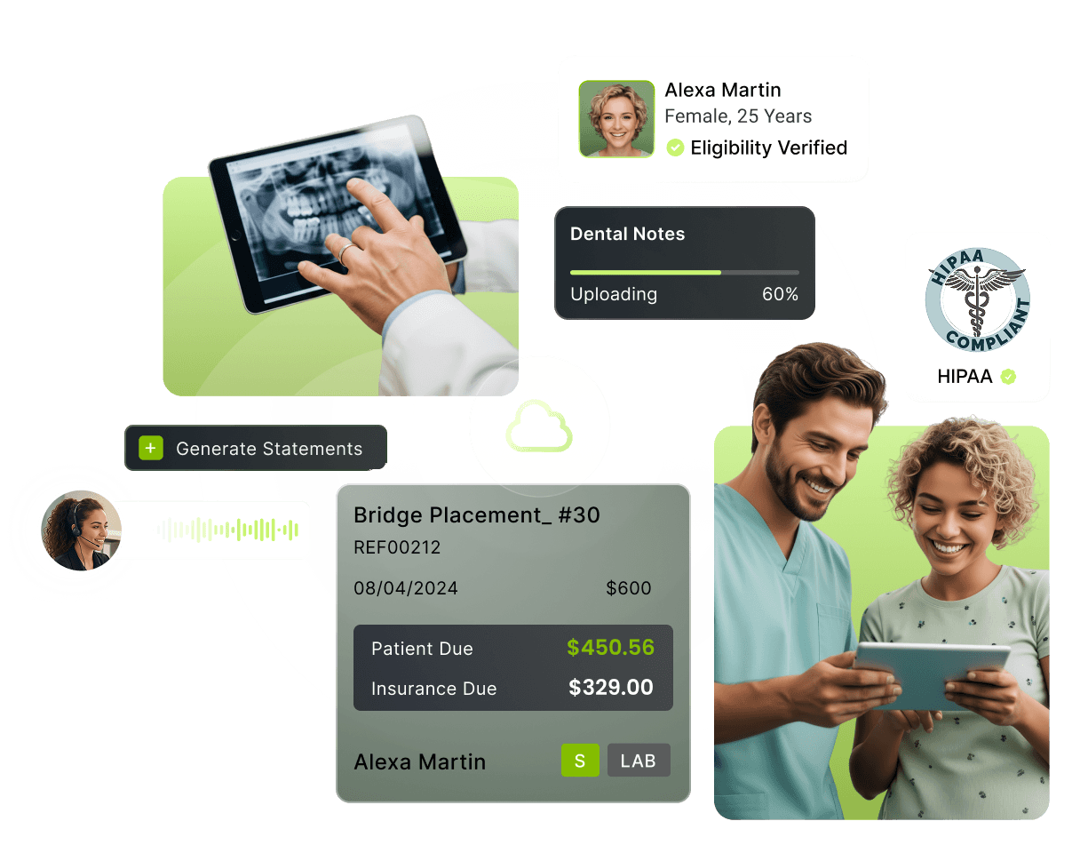 Dental professionals reviewing digital records on tablets, with patient details and HIPAA compliance icons displayed.