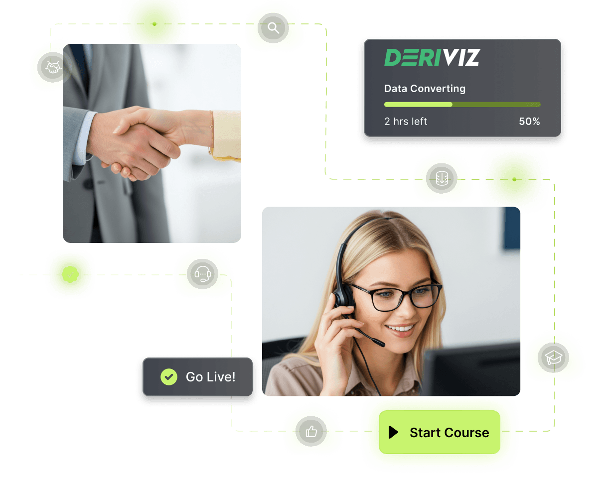 Collage with handshake, woman on headset, and progress bar for data converting. Icons and buttons for "Go Live!" and "Start Course" are visible.