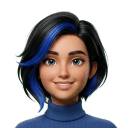 A 3D animated character with short black hair and blue streaks, smiling, wearing a blue turtleneck sweater.