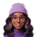 3D rendering of a smiling woman with glasses, wearing a purple beanie and sweater. She has wavy hair with purple highlights.