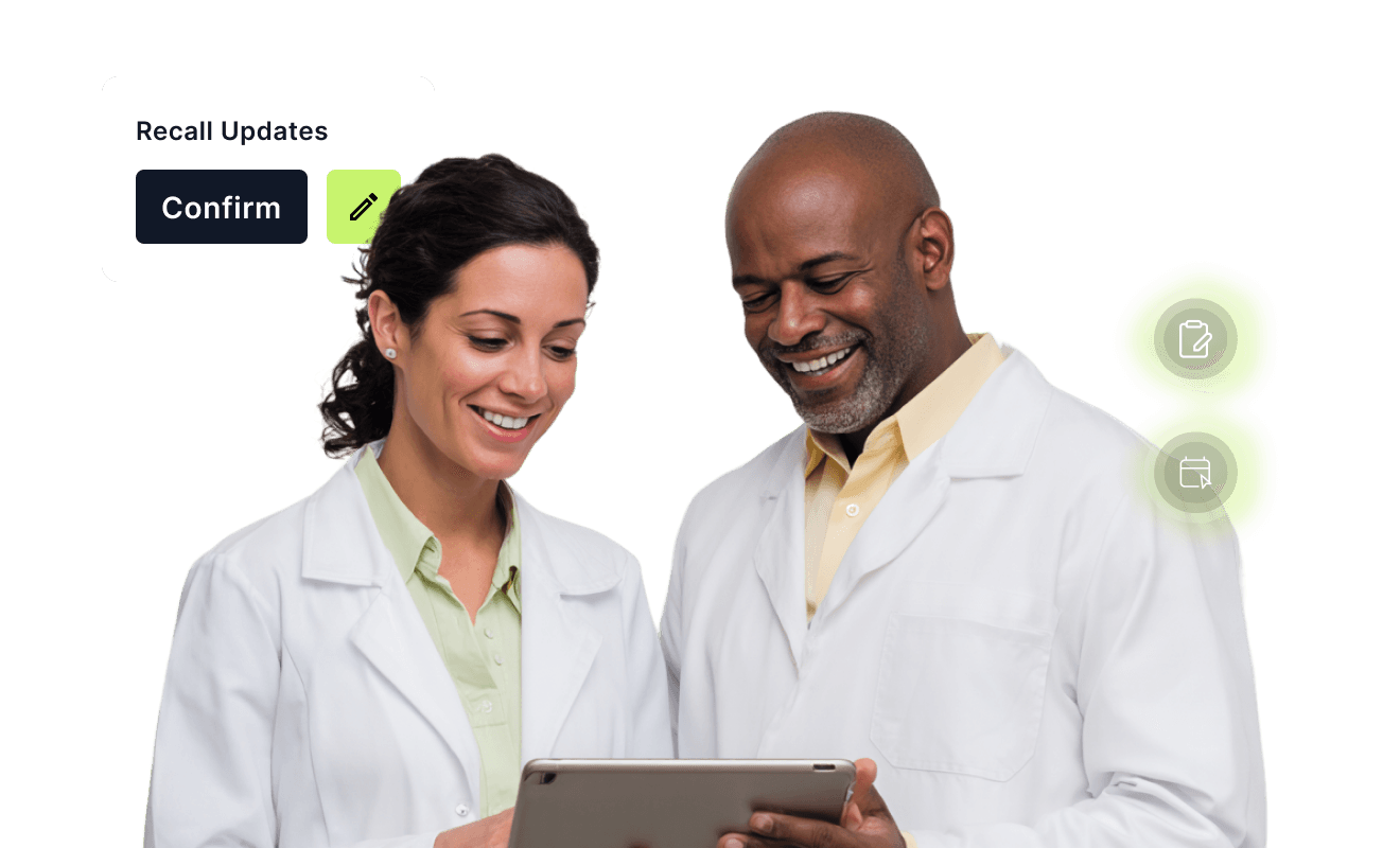 Two healthcare professionals in white coats look at a tablet. Icons for "Recall Updates" and editing tools are displayed nearby.