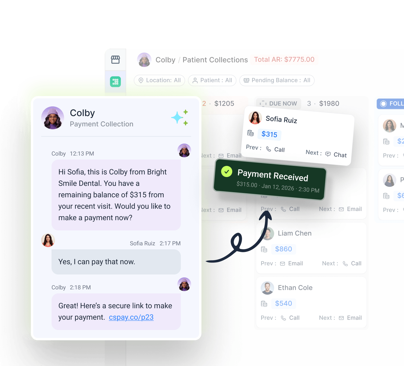 A digital interface showing a conversation about a $315 dental bill, with a payment being confirmed via a secure link and a "Payment Received" notification.