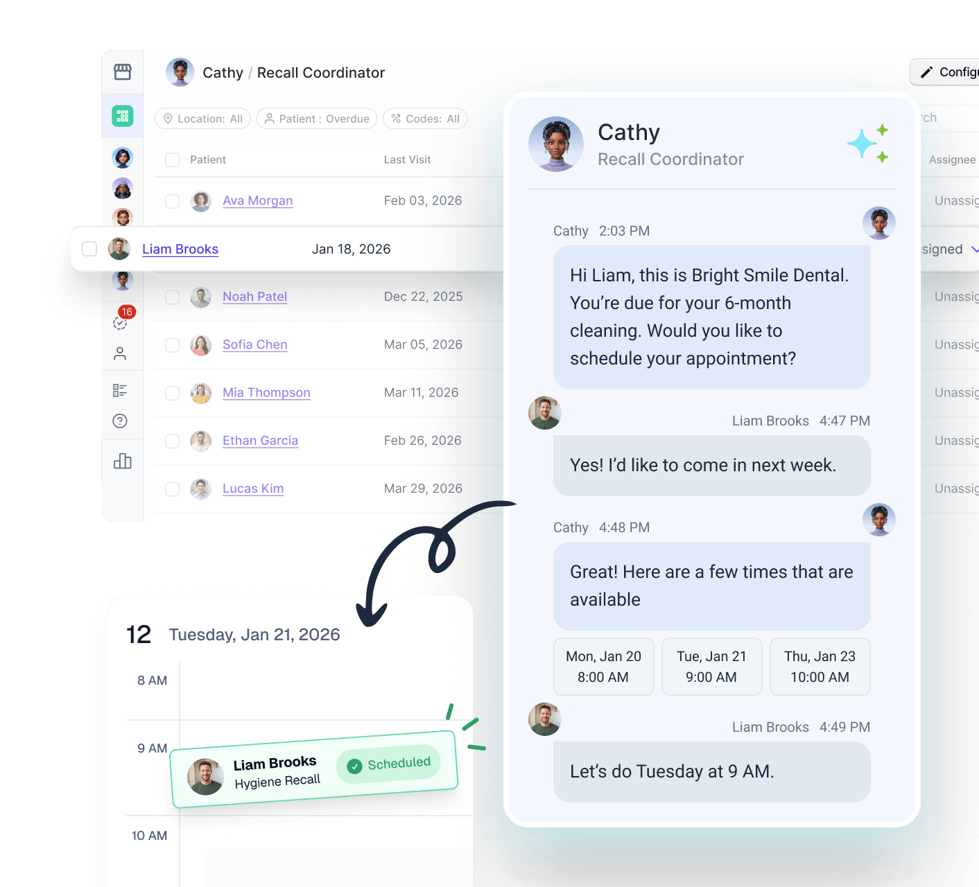 Dental appointment scheduling interface with patient list, chat messages between a coordinator and Liam Brooks, and scheduled time on January 21.