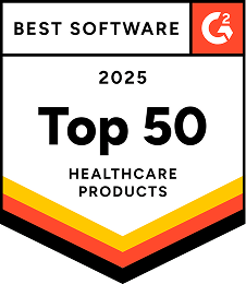 Badge labeled "Best Software G2," recognizing "Top 50 Healthcare Products" in 2025, with a red, orange, and yellow gradient design.