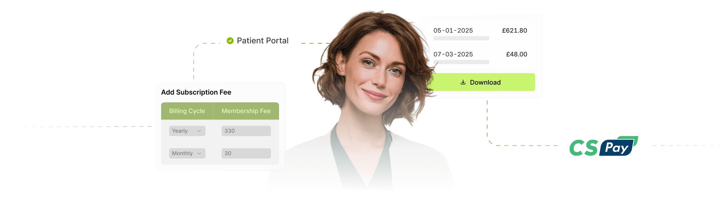 Woman with billing interface, subscription fee options, payment amounts, and CS Pay logo in a digital patient portal setting.