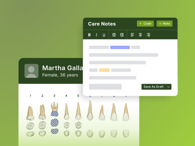 Dental care interface showing a patient profile, tooth chart, and a pop-up for notes on a green gradient background.