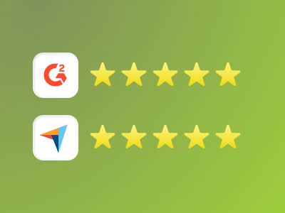 Five-star ratings from G2 and a platform with a blue and red logo on a green gradient background.