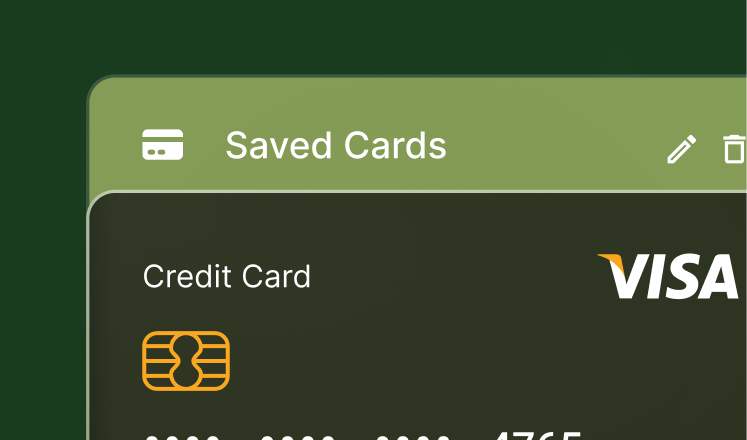 Close-up of a digital interface displaying a saved Visa credit card with an edit and delete icon.
