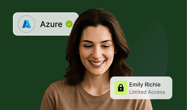 Smiling woman with Azure icon and notification about limited access for "Emily Richie" on a dark green background.