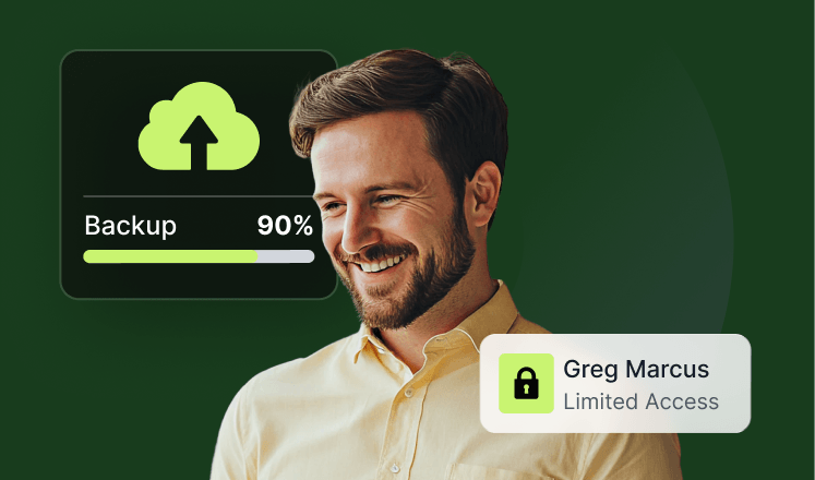 Smiling man with overlay showing a cloud backup at 90% and a limited access lock icon.