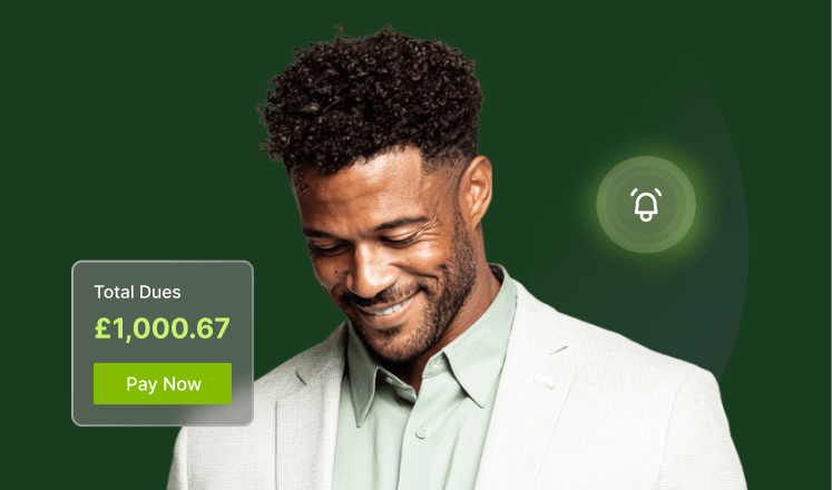 Man smiling in a suit. Overlay shows "Total Dues £1,000.67" with a green "Pay Now" button. Bell icon indicates notification.