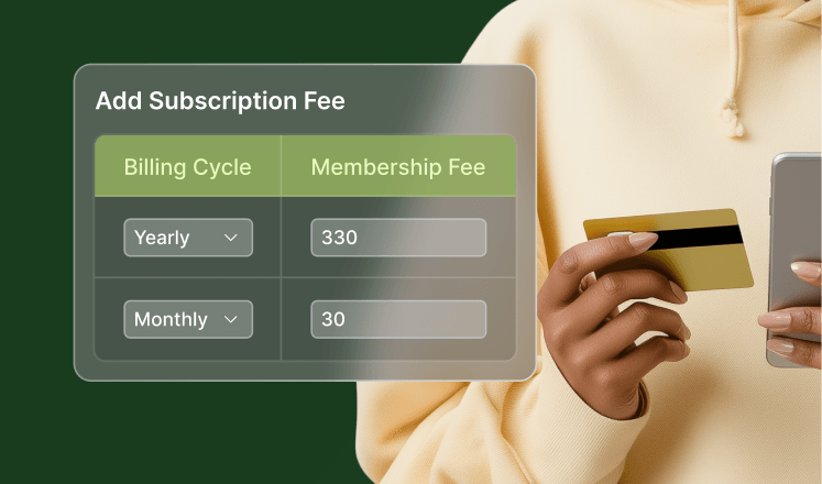 Person holding a credit card and phone, viewing subscription fee options: Yearly $330, Monthly $30, on a green background.