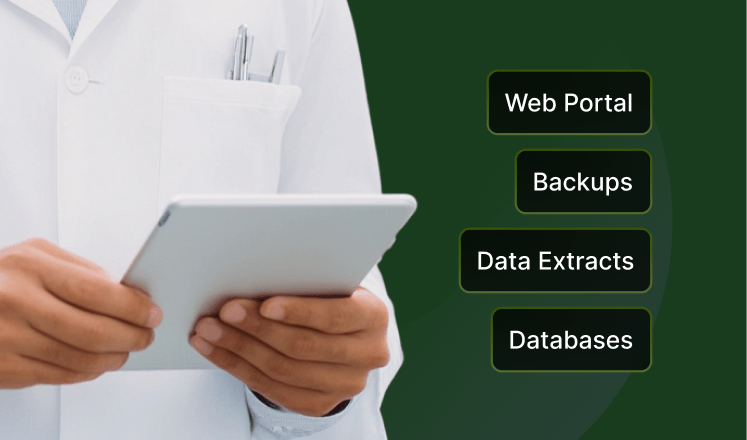 Person in white coat uses a tablet. Text on dark green background lists: Web Portal, Backups, Data Extracts, Databases.