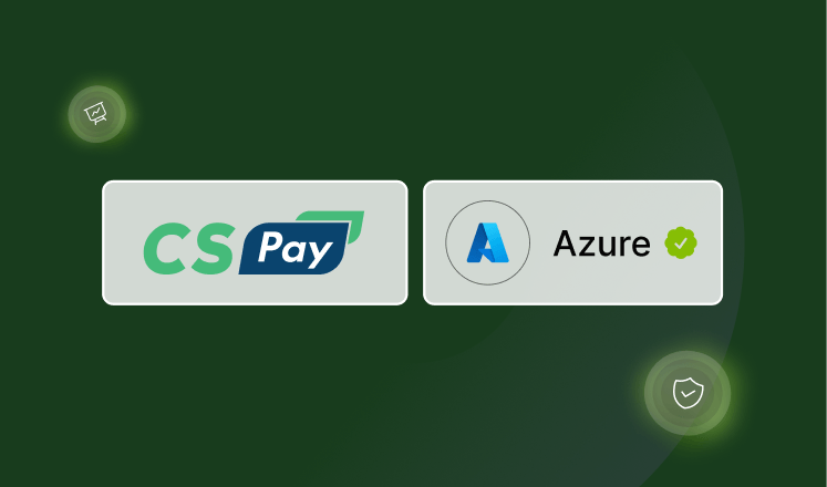 CS Pay and Azure logos on a dark green background with security and communication icons.